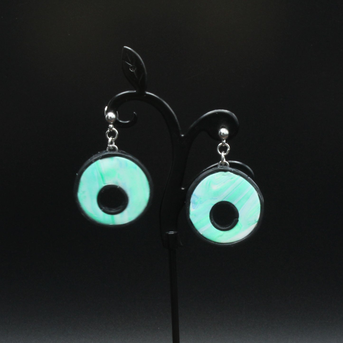 Green Striped Circle Earrings